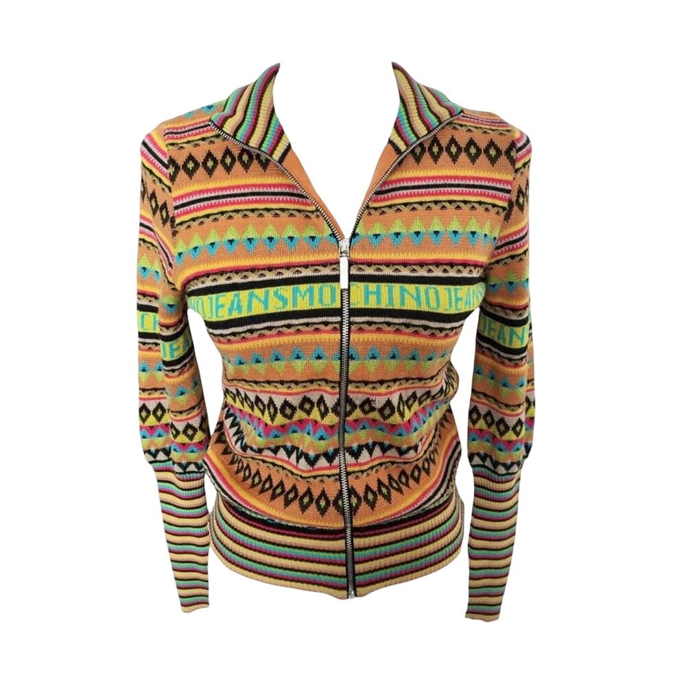 Vintage Moschino Jeans Striped Aztec Nrodic Knit Logo Zip Up Wool Sweater Jacket